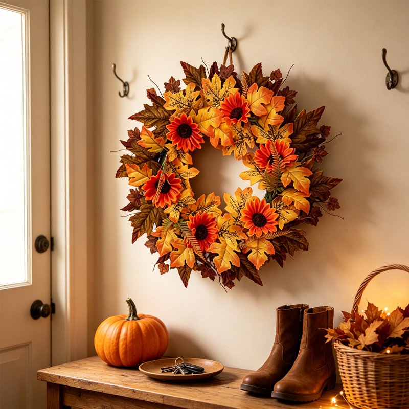 Fall Wreath with Sunflower, Rose, Pumpkin & Maple Leaves for Door & Fireplace Decor