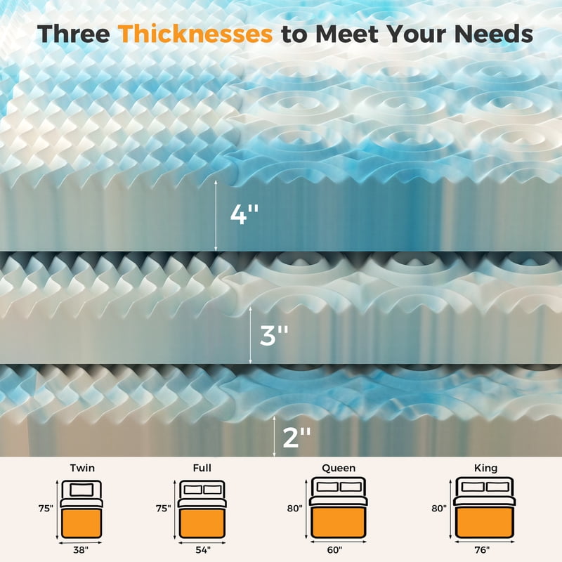 King Mattress Topper 4 Inch Cooling Gel Memory Foam with 6-Zone Support