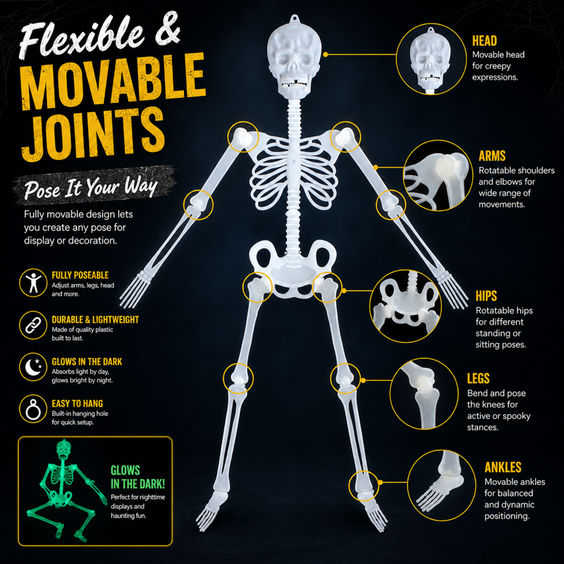 Life Size Luminous Skeleton - 3 ft Poseable Halloween Decor, Glows in Dark