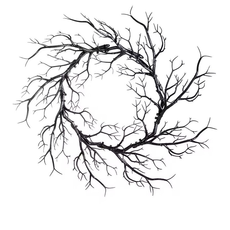 Halloween Black Twig Wreath with Spooky Twinkling Lights - Indoor Outdoor Decor