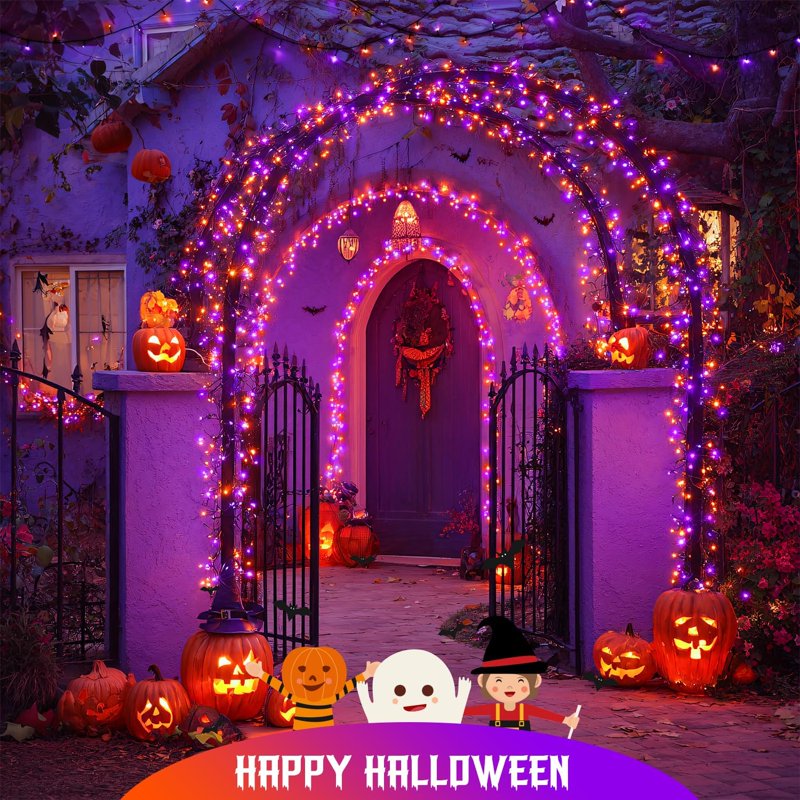 Outdoor Solar String Lights 66FT 200 LED Waterproof Xmas Decor - Orange & Purple