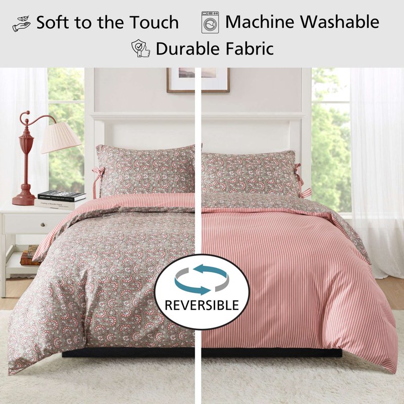 Reversible All-Season Full/Queen Duvet Cover Set with Floral Bowknot - Green