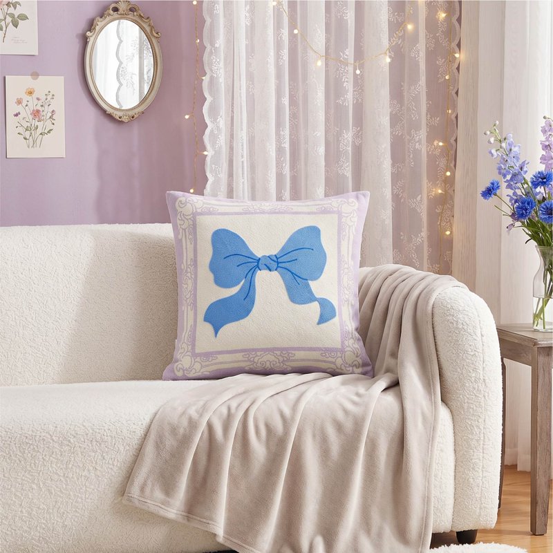 Decorative Embroidered Bow Pillow - 18x18 Inch Purple Throw Cushion