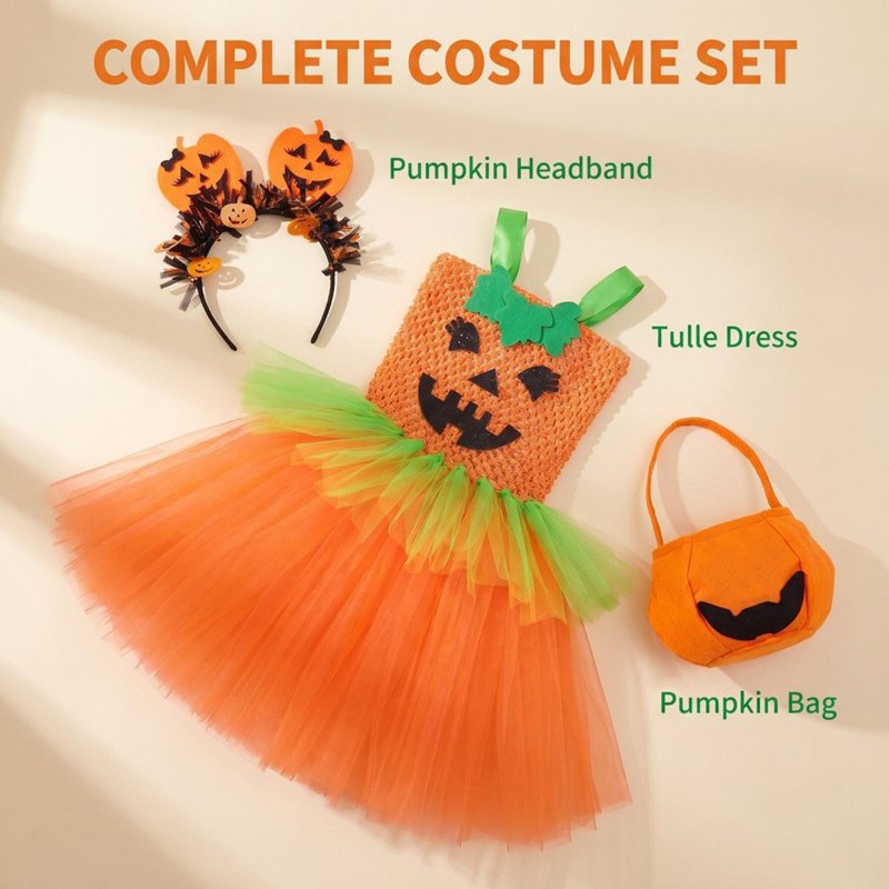 Kids Halloween Costume Dress with Accessories - Multicolour Princess Pumpkin Theme, 9-10 Years - Fancy Dress Costume