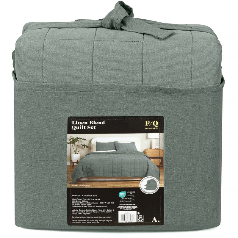 King Linen Blend Quilt Set - Flagstone Green with Shams & Storage Bag