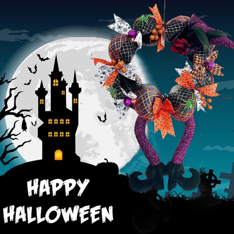 Halloween Front Door Wreath with Witch Hat and Feet - 17.7 Inch Indoor Outdoor Decoration