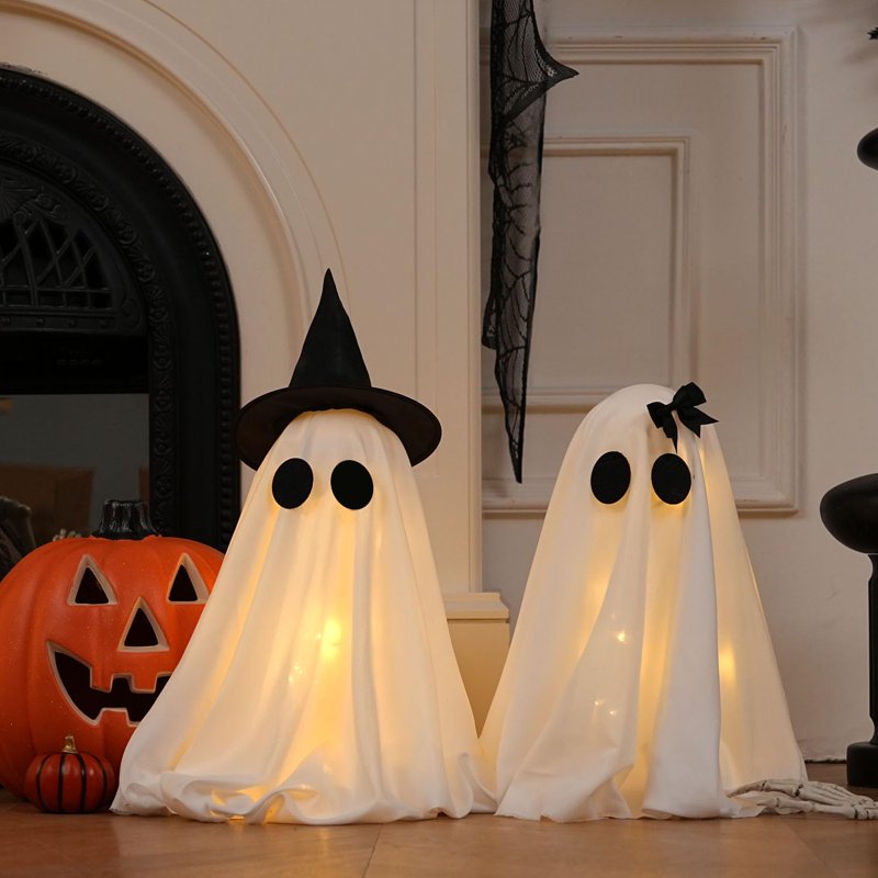 Halloween Ghost Decorations Set with Lights & Timer - Indoor Tabletop Decor