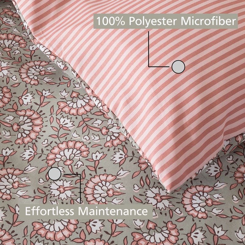 Reversible All-Season Full/Queen Duvet Cover Set with Floral Bowknot - Green
