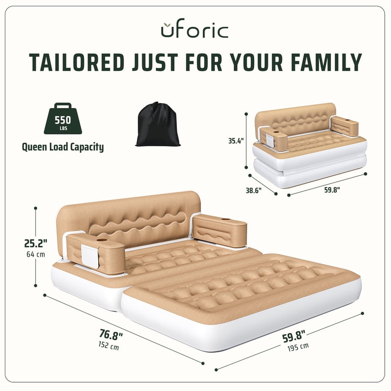 Queen Size 2-in-1 Convertible Air Sofa Bed with Wave Headboard, Pump & Storage - Khaki Style3
