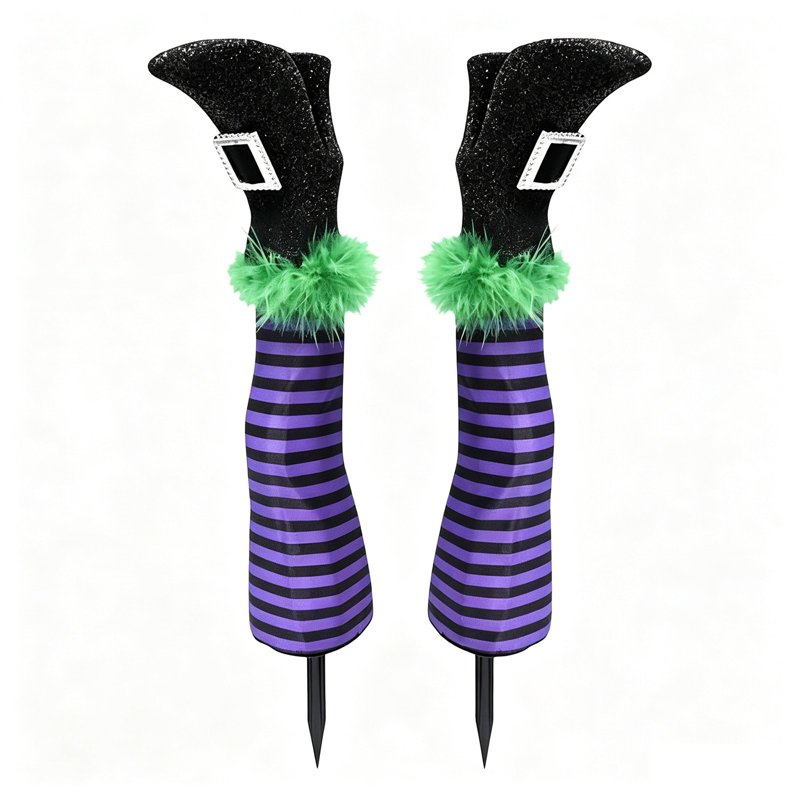 Halloween Witch Leg Yard Stakes with Purple Black Striped Stockings - Outdoor Garden Decor - Set of 2 - Glitter Finish (Variation: Purple)