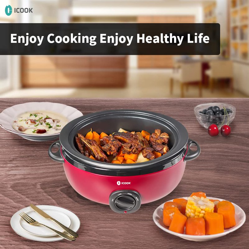 6.5 Quart Slow Cooker with Glass Lid & Adjustable Temperature Control - Red