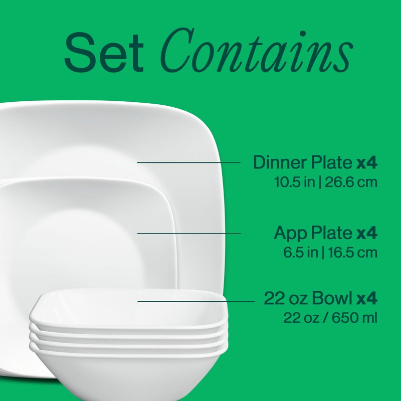 Corelle Pure White Square 12-Piece Dinnerware Set - 2 Pack