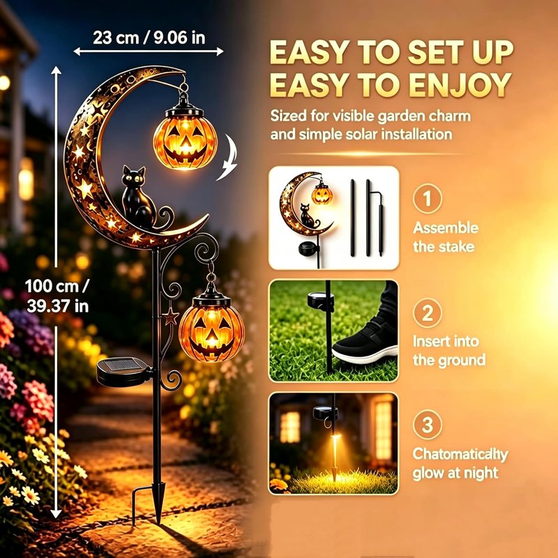 Solar Halloween Black Cat & Pumpkin Moon Garden Stake Light - Waterproof Outdoor Decor - A-1PC