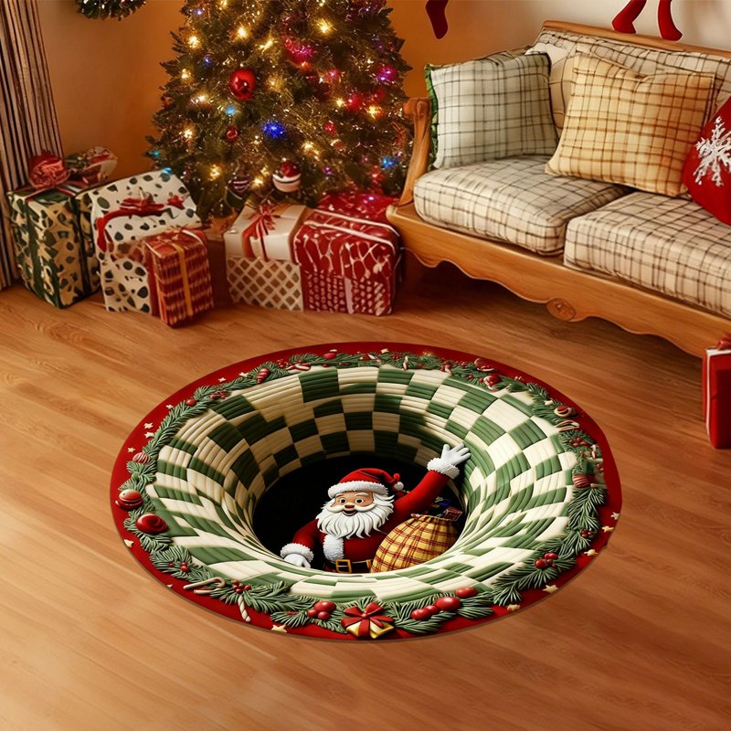 Christmas Santa Round Rug - 3D Washable Non-Slip Holiday Carpet for Living Room - Variation #6C