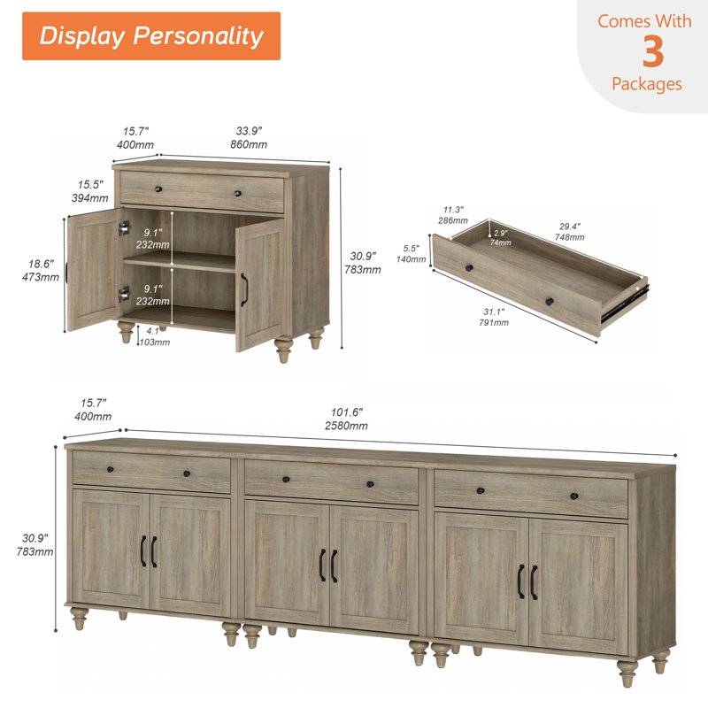 Large Buffet Cabinet with 6 Doors & 3 Drawers - Wash Grey