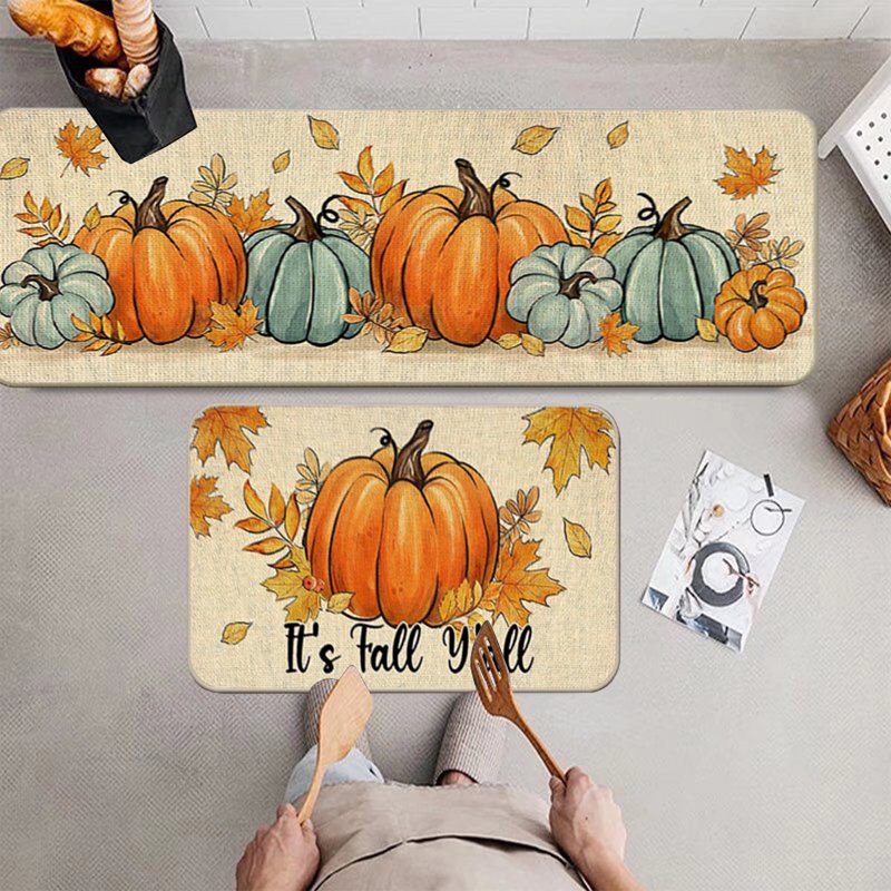 Halloween Pumpkin Rugs and Mats Set - D Variation, Non-Slip Kitchen Floor Decor 16x24in + 16x48in