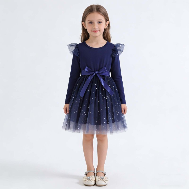 Blue Girl Long Sleeve Gradient Star Dress for Kids 1-2 Years - Formal Party Gown