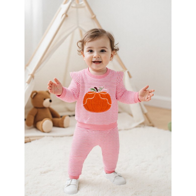 Toddler Girls Halloween Outfit Set - Embroidery Pumpkin Sweatshirt & Striped Pants, 18-24 Months - Style 31