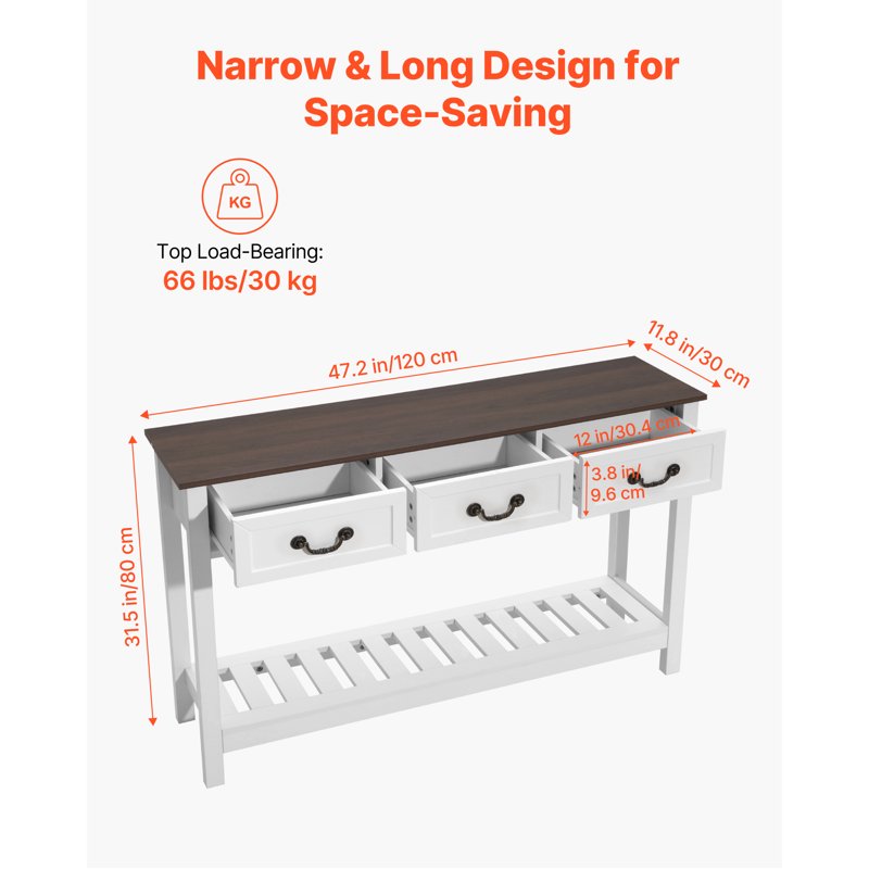 Rustic 47-Inch Console Table with Drawers & Shelf - Brown/White