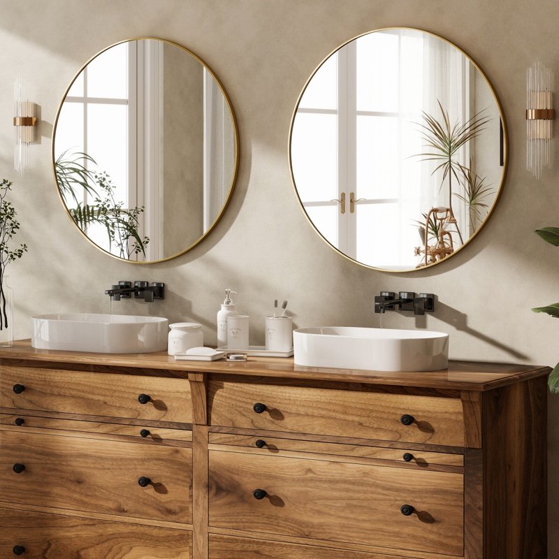 24 Inch Round Wall Mirror with Aluminum Frame - Bathroom & Living Room Decor