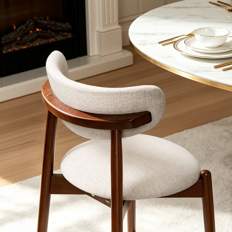 Upholstered Dining Chair Set of 2 - Linen/Walnut, Curved Back