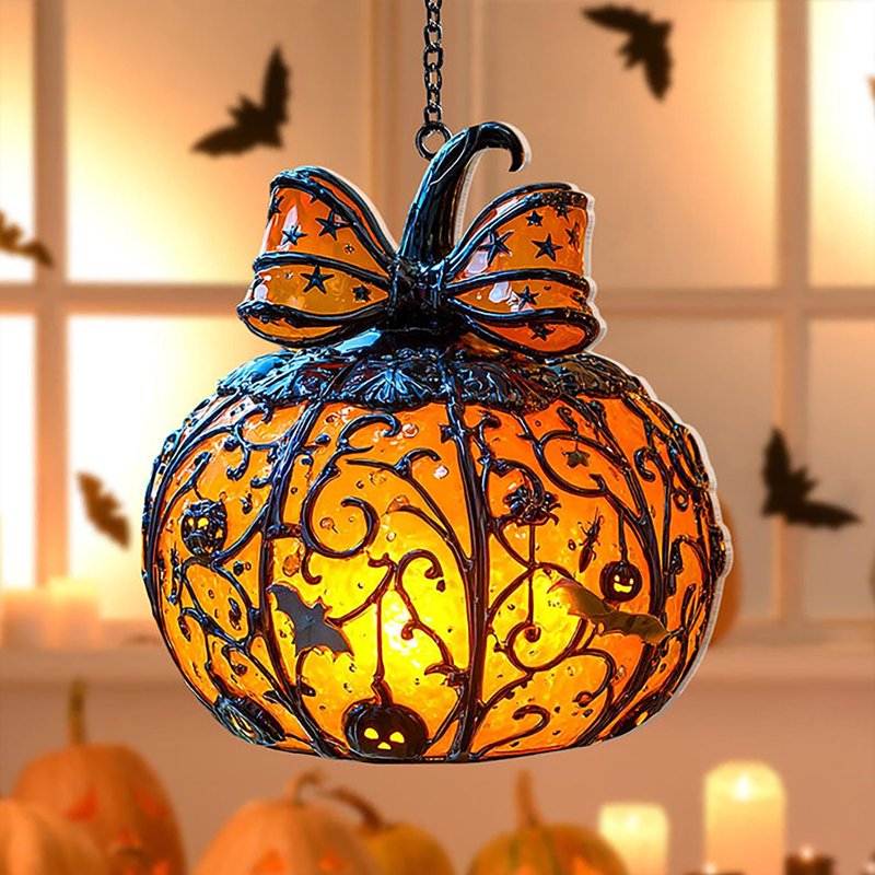 Halloween Stained Glass Hanging Pumpkin Ornament - Bat Star Design, Indoor Decor, Variation #01