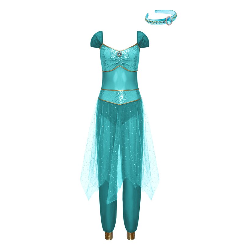 Women’s Princess Cosplay Jumpsuit Belly Dance Romper with Headwear - Turquoise S