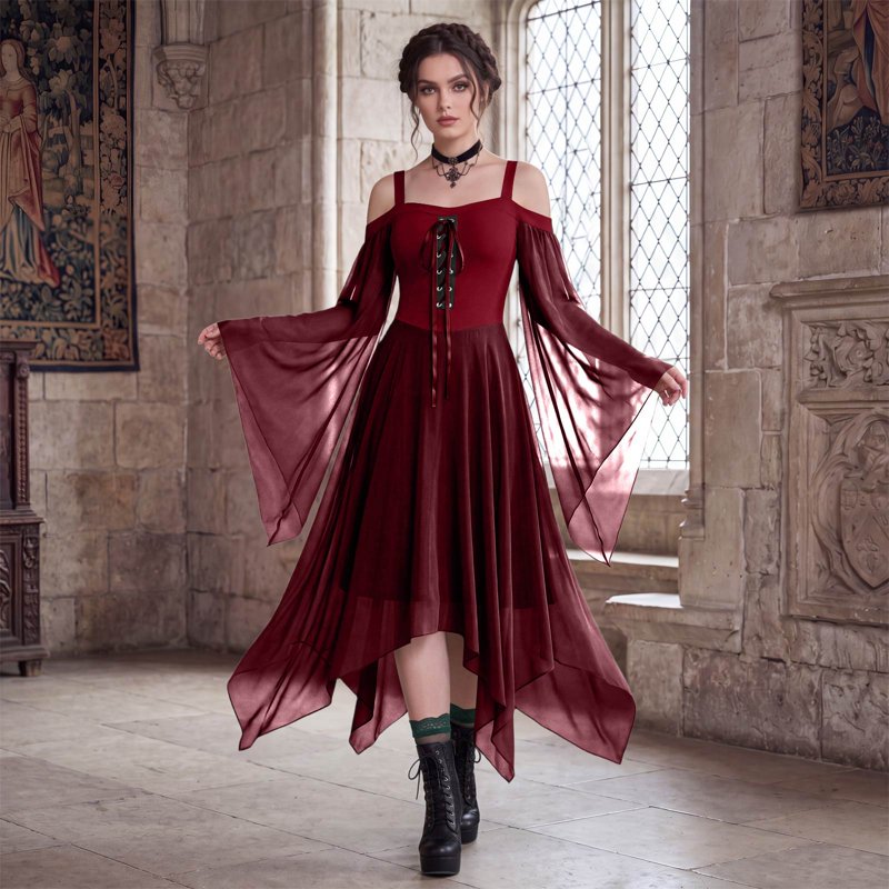 Women’s Witch Costume Dress with Bat Sleeve & Gothic Details - Wine, Size S
