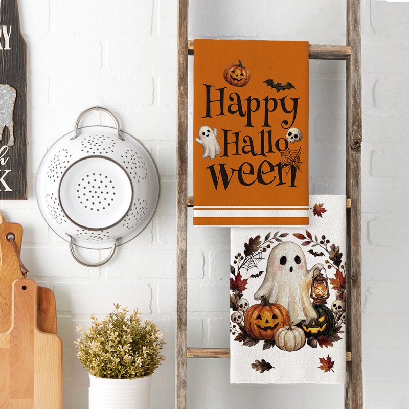 Halloween Kitchen Towels Set of 2 - Ghost and Pumpkin Bat 18x26 Inch Seasonal Dish Hand Towels - Farmhouse Decor