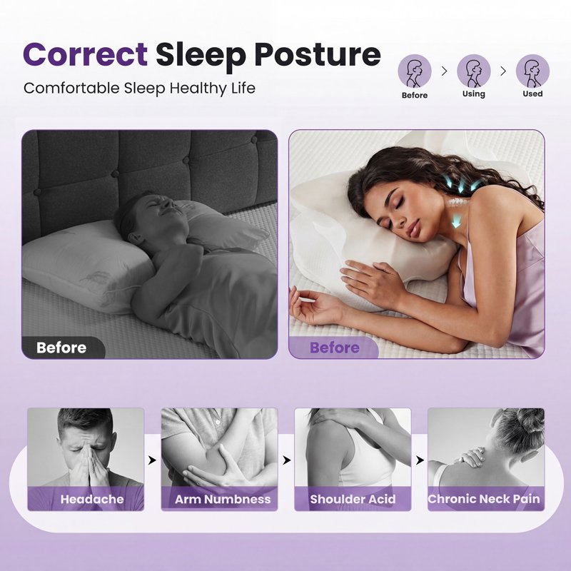 White Contour Memory Foam Pillow with Pillowcase - Ergonomic Neck Support for Side & Back Sleepers - Queen Size