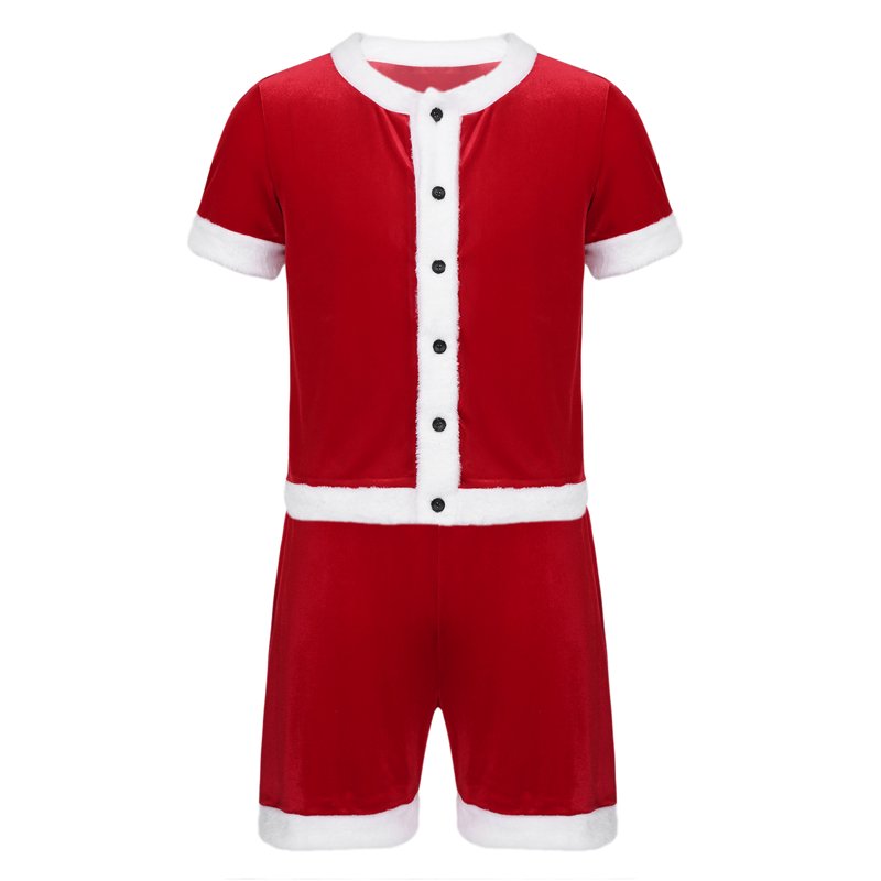 Men's Velvet Santa Costume Set - Short Sleeve Top & Elastic Waist Shorts, Red, Medium