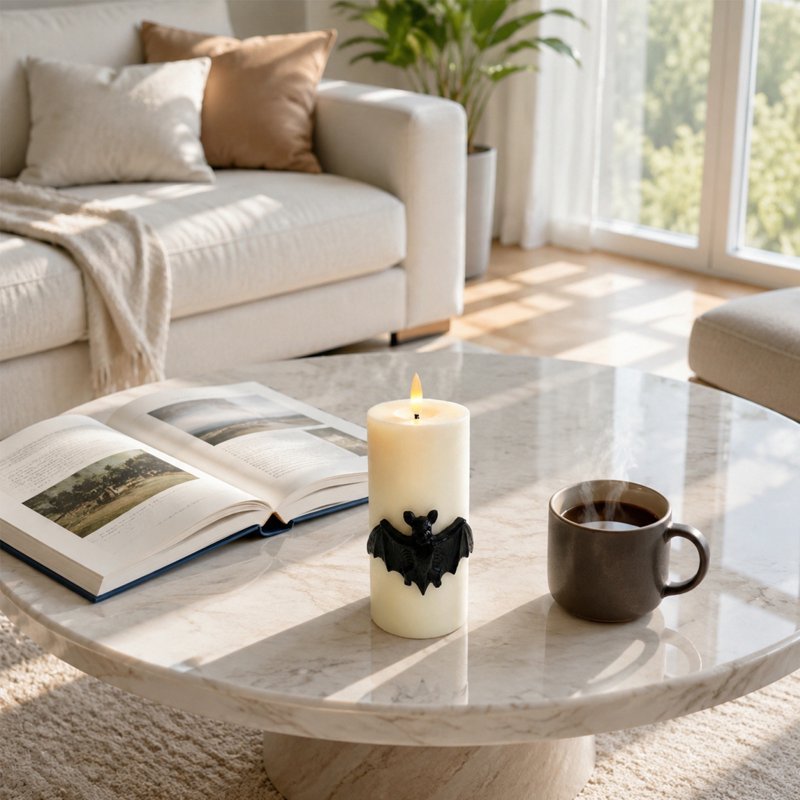Halloween LED Bat Candle Flameless Candle with Black Raven Decor - White Variation