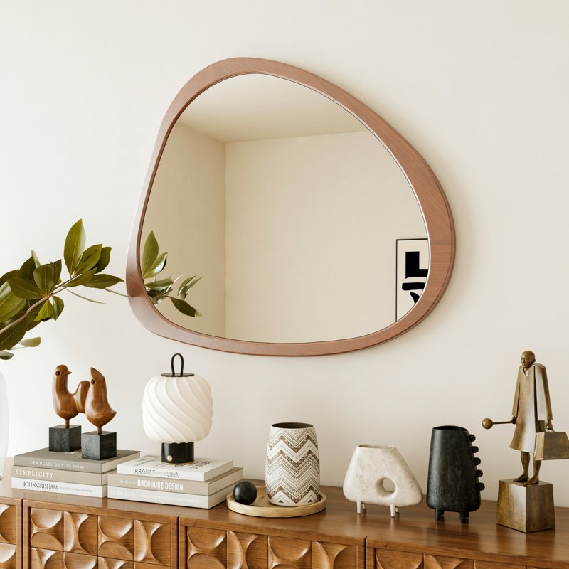 45-Inch Asymmetrical Wall Mirror with Solid Wood Frame - Mid-Century Style, Walnut Finish