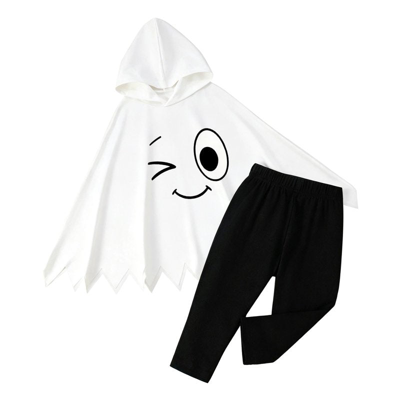 Kids Ghost Face Costume Set with Hooded Cape and Pants - E-White, 6-7 Years
