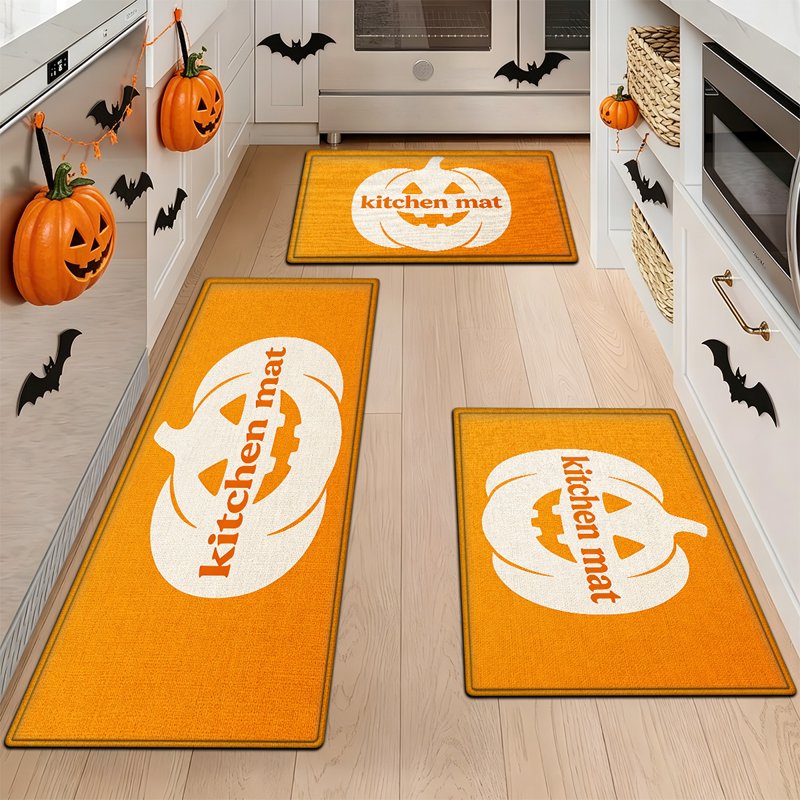 Halloween Orange Pumpkin Flannel Kitchen & Bathroom Rug Set - Non-Slip, 15.7x23.6 Inches