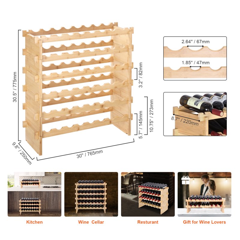 Stackable Modular Wine Rack - 48-Bottle Bamboo Storage Shelf