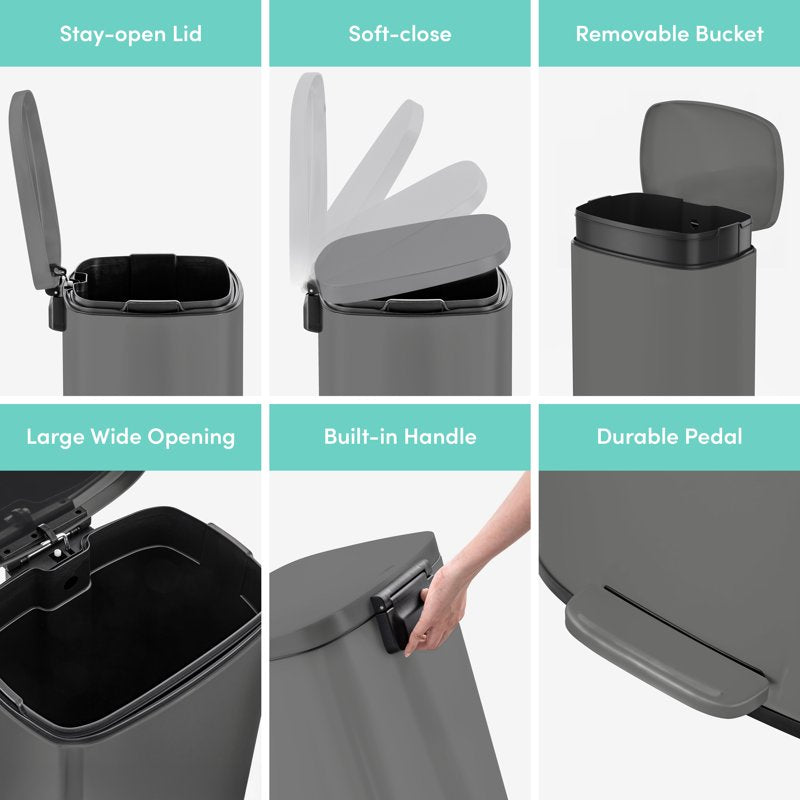 QualiaZero Matte Grey Kitchen Trash Can 13.2 Gallon Stainless Steel Step Bin