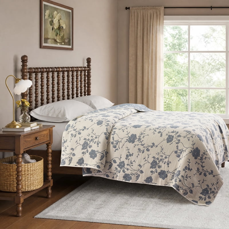 Full/Queen Floral Gauze Quilt - Reversible Blue Dust & White, Agatha Design