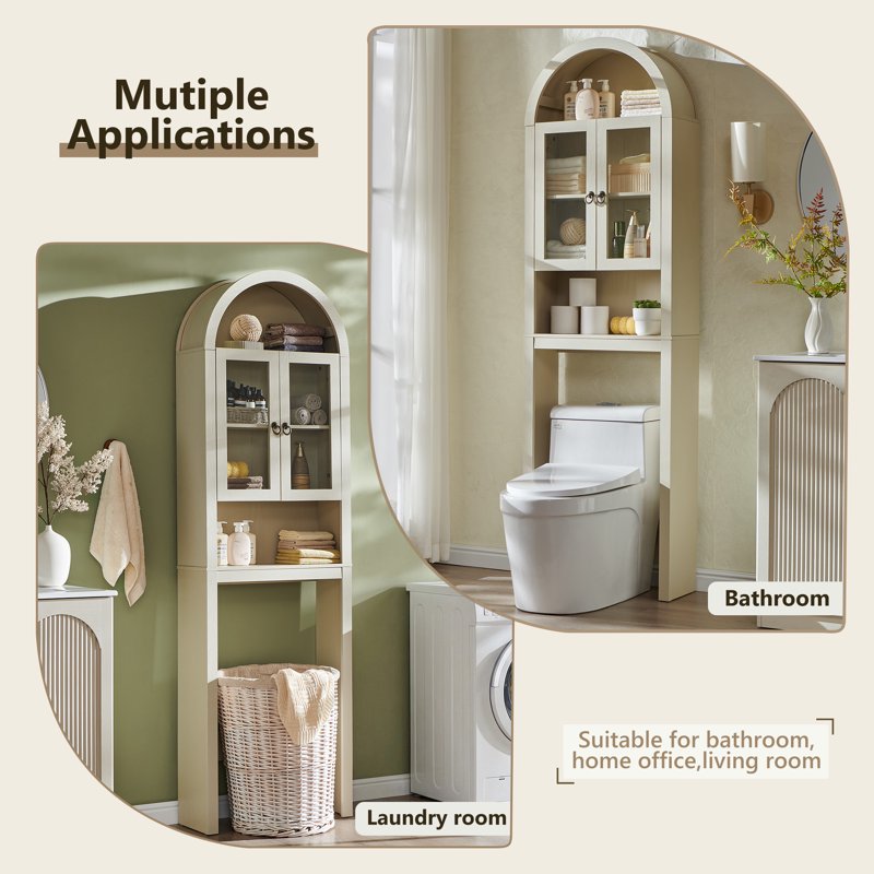 SinCiDo Cream Arched Over Toilet Storage Cabinet Modern Bathroom Shelf with Acrylic Doors