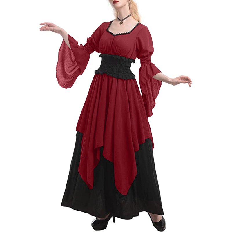 Women’s Medieval Fairy Dress with Bell Sleeves - XL, D36 Wine Variation