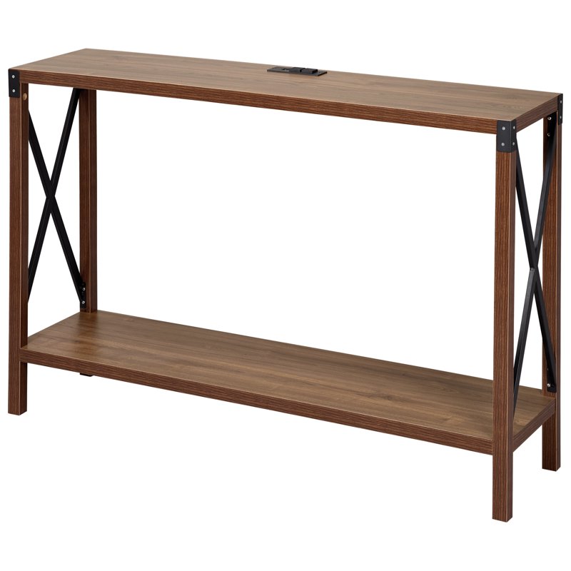Industrial Rectangular Wood Console Table with USB Charging Ports - Walnut