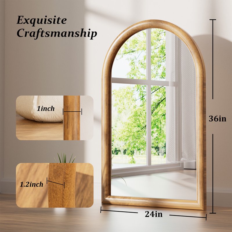 Arched Bathroom Mirror Wall Decor - 36x24 Natural Wood Frame