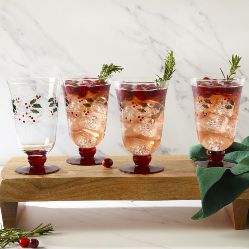 Winterberry Water Goblet - 14 oz Clear Glass with Green & Red Accents
