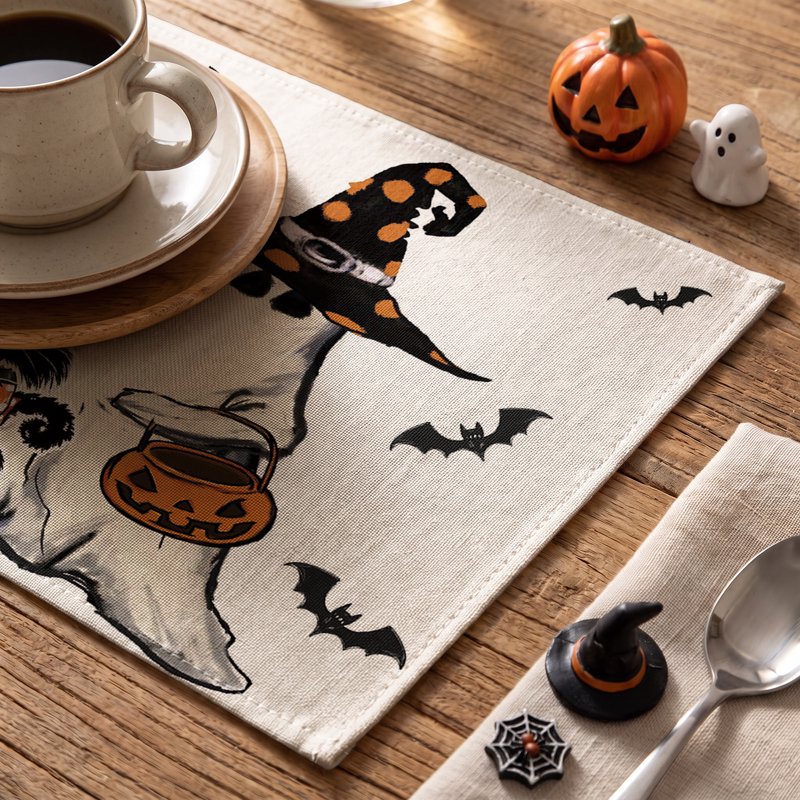 Halloween Ghost Jack-O'-Lantern Black Cat Placemats Set of 4 12x18 Inch Home Decor