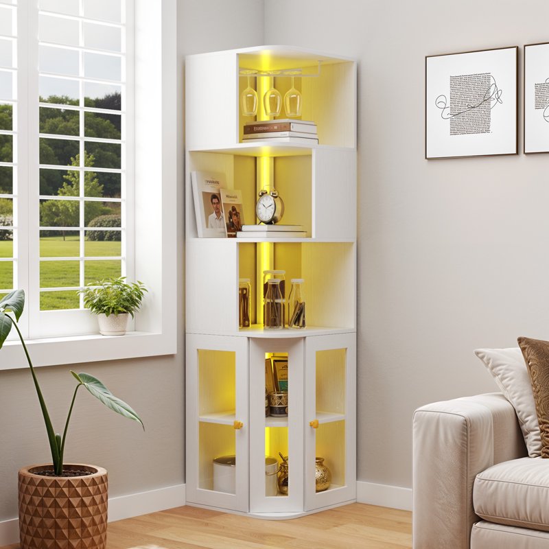 Corner Bar Cabinet with LED Lights & Glass Holder - White