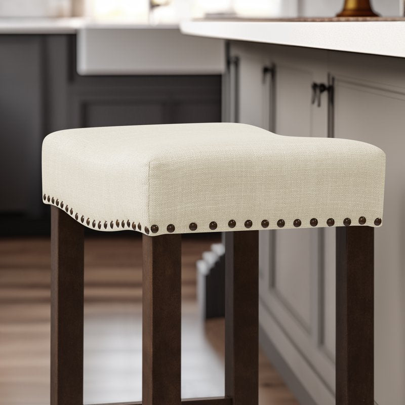 24-Inch Backless Saddle Bar Stool - Ivory Wood Upholstered