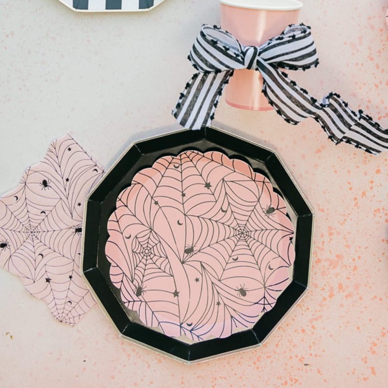 Halloween Pink Spider Web Paper Plates - 8.5 Inch Disposable Party Supplies