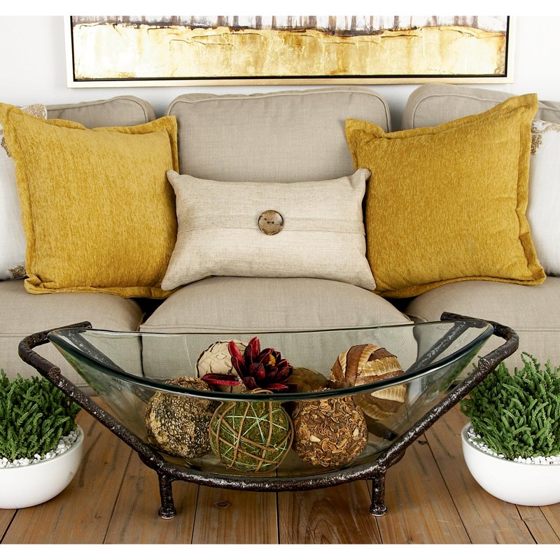 Clear Glass Kitchen Serving Bowl with Brown Metal Base - 26" x 9"