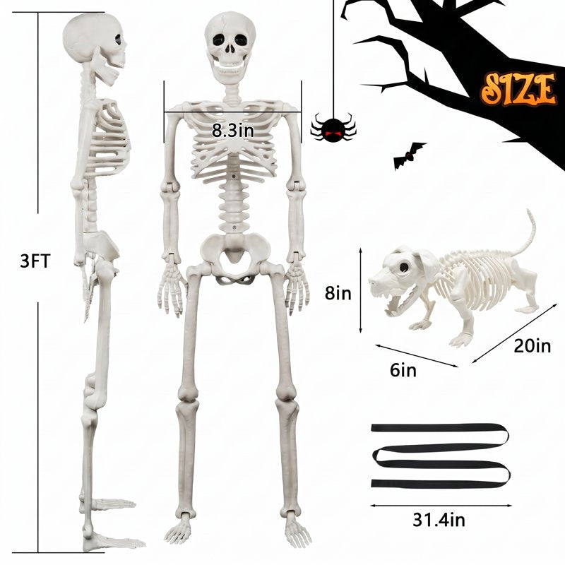 Halloween Skeleton Set with Dog Skeleton - 90cm Realistic Movable Full Body Decor