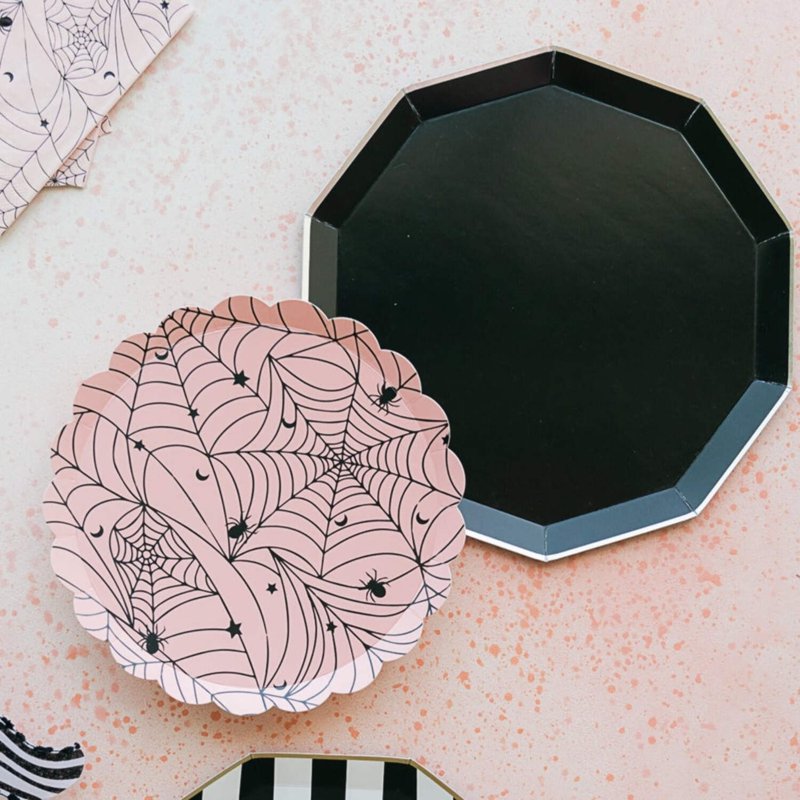 Halloween Pink Spider Web Paper Plates - 8.5 Inch Disposable Party Supplies